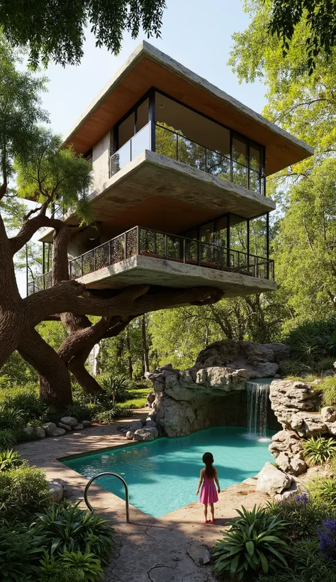 (巨大なtreehouseと豪邸ビルの融合:1.5),(巨木のレッドウッドの上にある巨大treehouse:1.5),(treehouse:1.5),(Modern 3-storey mansion standing on a giant tree:1.5)、There is a luxurious pool、(A waterfall cascades down from natural bedrock:1.5)、A girl is standing、(巨木のレッドウッドの上にある巨大treehouse:1...