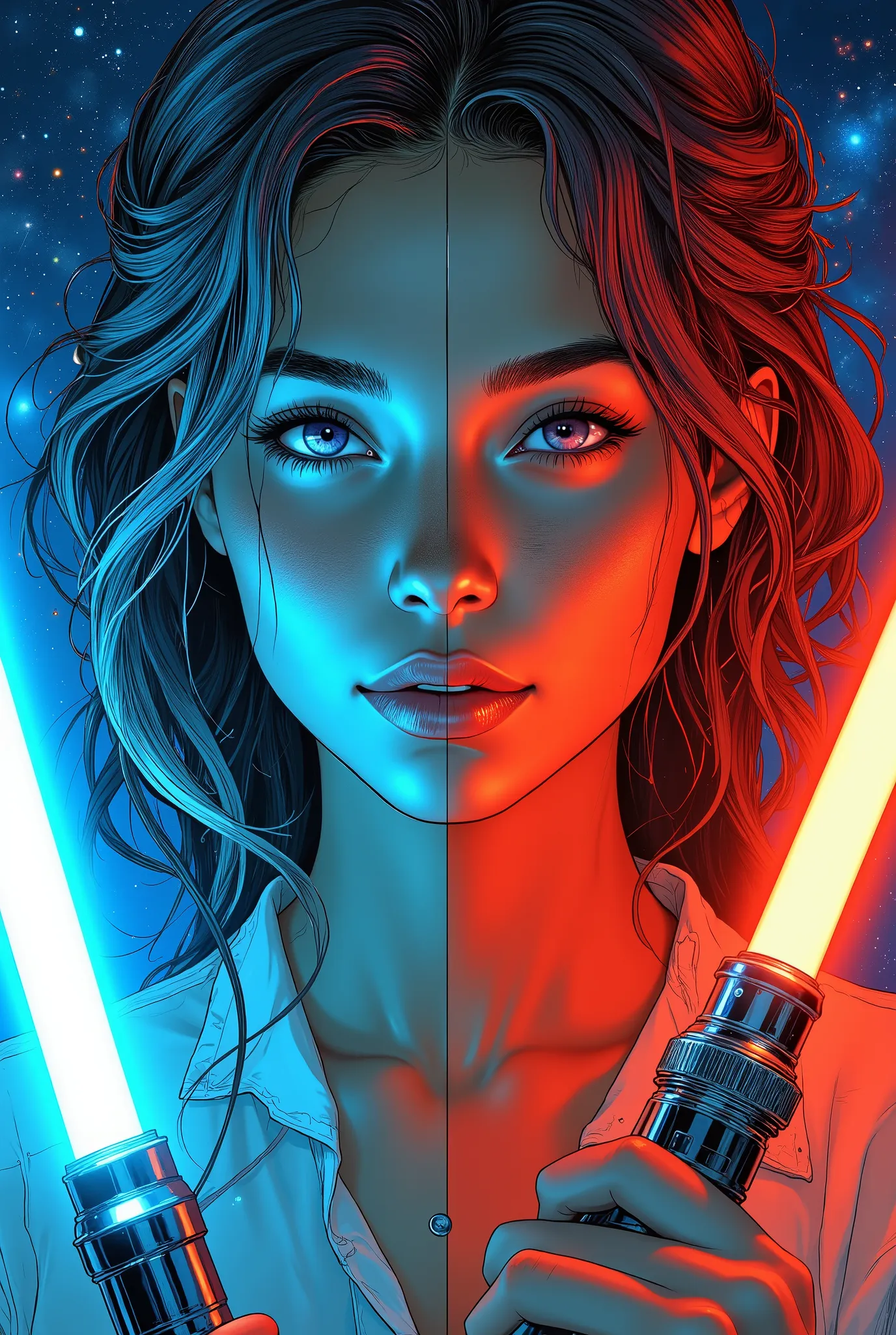 (Masterpiece), (Hyperdetailed), (hyperrealistic), 4k, 8K, 16K, comic style, comic strips, draws a succession of four vignettes showing a half-bust size woman with different lightsaber's colors, pretty beautiful girl, sensual, sexy, very cute comic characte...
