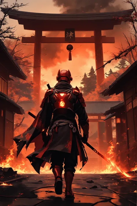 ((EXTREME QUALITY)), ((RAW Ultra 4K)), ((Masterpiece)), ((Ultra Cinematic)), ((High Detail)), ((digital painting style)), ((film grain)), ((moody red-orange lighting)), ((soft depth of field))

A dark and fallen Ronin Iron Man walking slowly away from a bu...