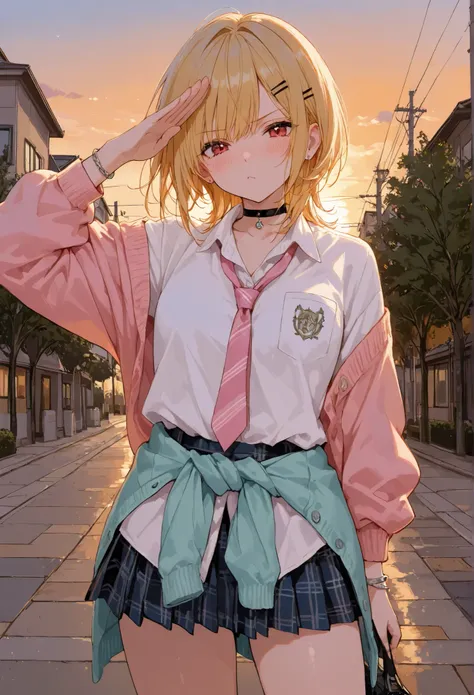 (masterpiece , TOP QUALITY , exquisite,8k, absurd),(748cmstyle),pastel,one woman,salute,unbuttoned shirt,loose pink tie,black miniskirt,Plaid,black choker,cardigan wrapped around my waist,Golden hair,wolf cut hair,black hairpin,Red Eyes,black choker,silver...