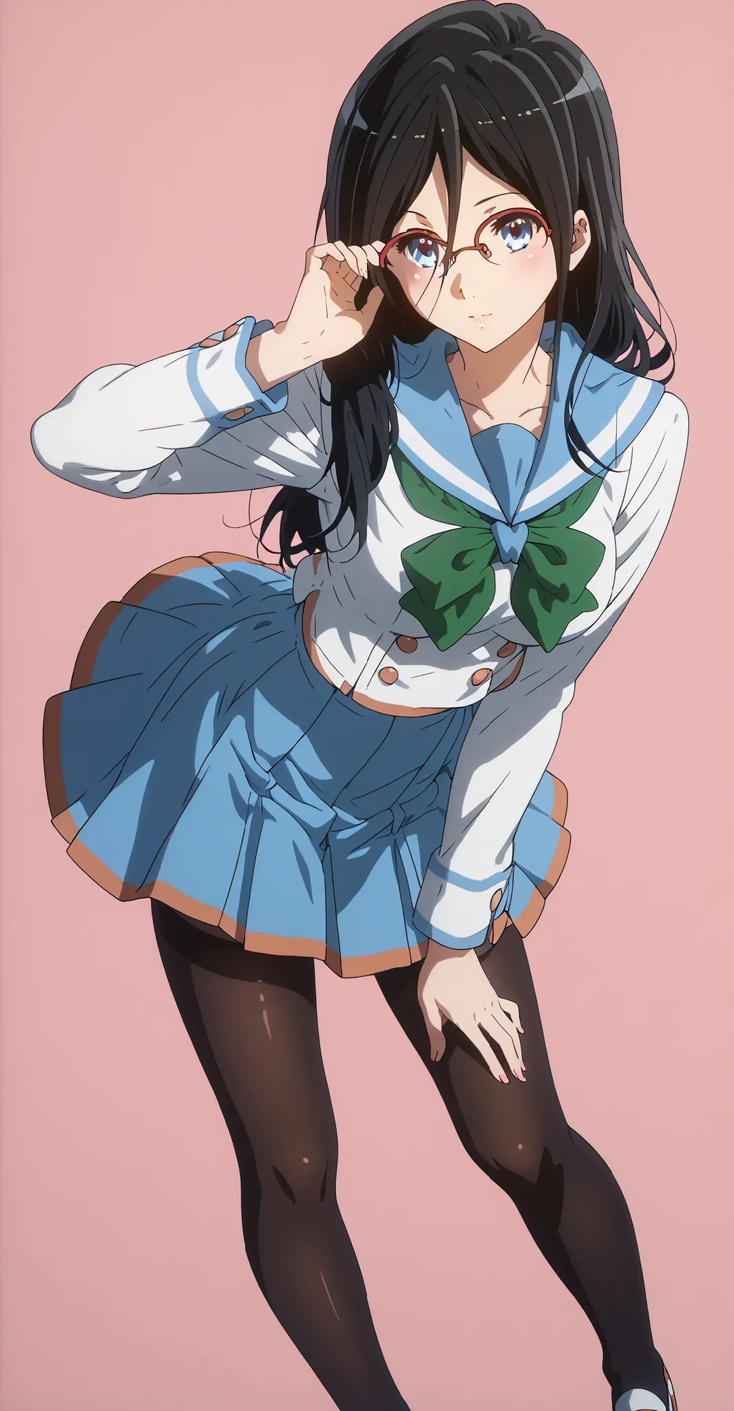 ((inspired by Asuka Tanaka:1.2)),(inspired by Kyoto Animation Style),(masterpiece, best quality),beautiful, beautiful-woman, ((detailed face)).(full body:1.3).,
((black hair)), glasses, blue eyes, long hair, over-rim eye-wear,cowboy shot, semi-rimless eye...