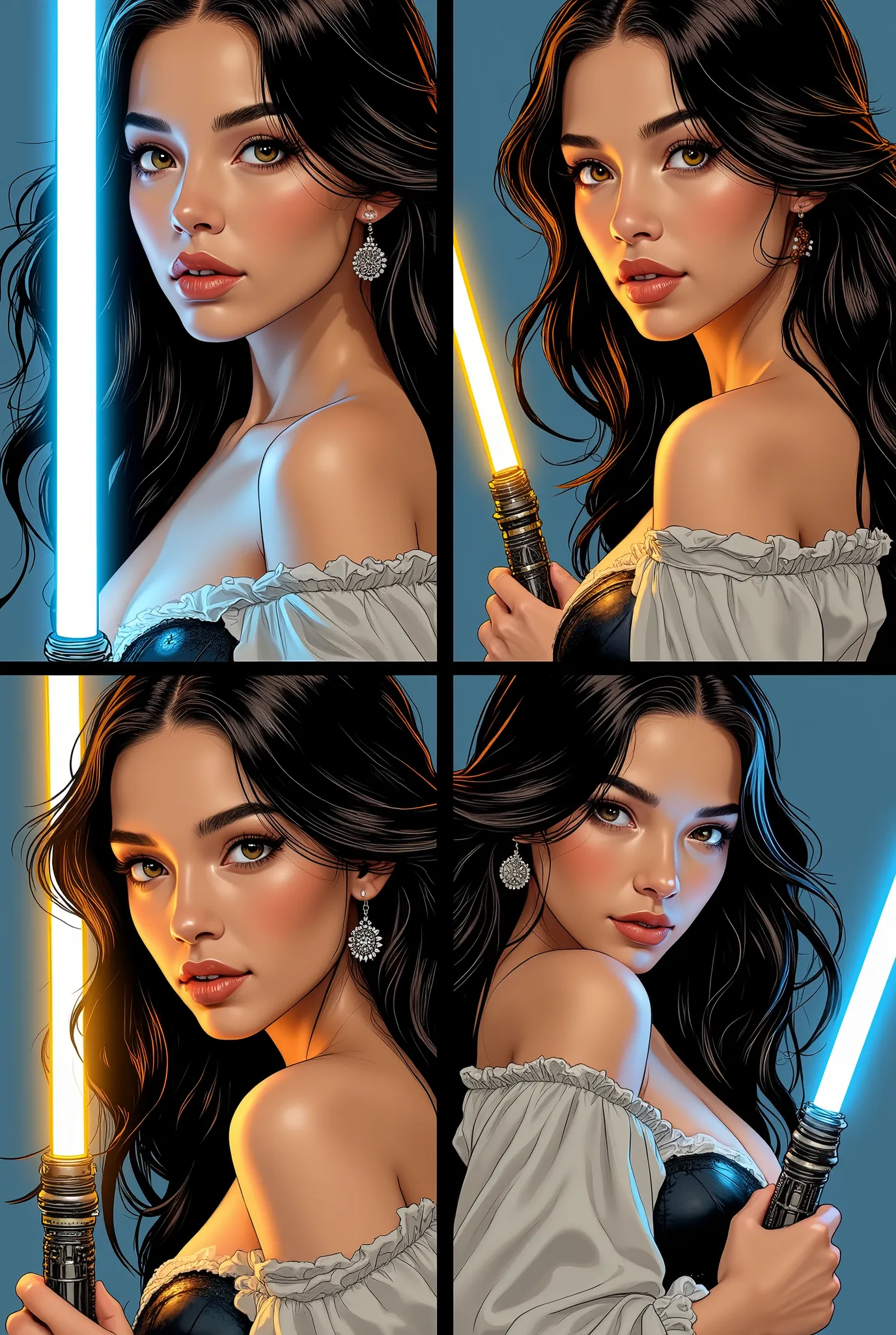 (Masterpiece), (Hyperdetailed), (hyperrealistic), 4k, 8K, 16K, comic style, comic strips, draws a succession of four vignettes showing an half-bust view of a woman holding a lightsaber, in four different posing, pretty beautiful girl, sensual, sexy, very c...