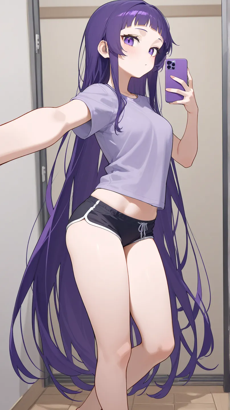 Female. Adult. Very long hair. Very short bangs. Micro-bangs. Short pixie haircut. Purple hair. Strands. Taking a selfie. High resolution. Best quality. Detailed. Illustration. Masterpiece. HD. UHD. Full-body. Contrast. Dynamic angle.