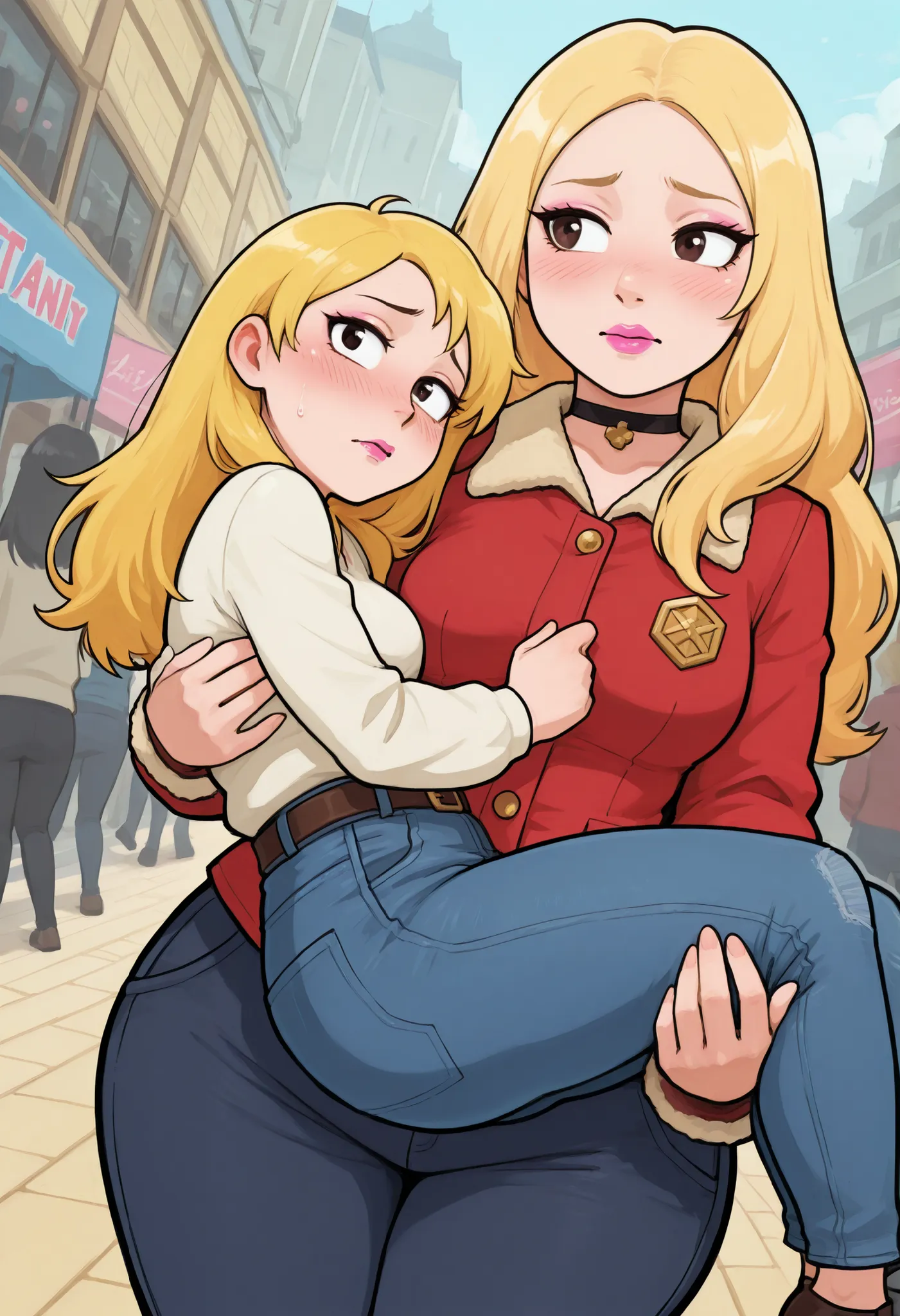 Francine Smith, looking at viewer, pink lipstick, choker, Blonde hair, medium breasts, huge hips. long hair.| trimmed jacket , tsirt . jeans , cowboy shot , dutch angle , public indecency , nonchalant , solo focus, 2girls, princess carry, looking at anothe...