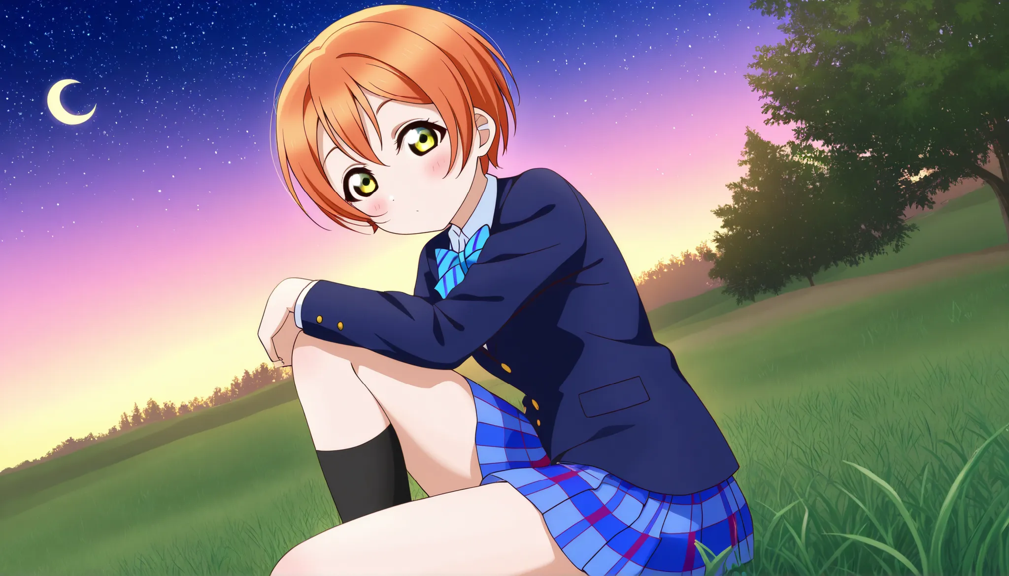 1girl, hoshizora rin, striped, short hair, blush, otonokizaka school uniform, lovelive_rin black blazer, blue plaid skirt, blue stripe bowtie, orange hair, very short hair, hair between eyes, yellow green eyes,knee up,crescent moon, stars (sky),looking at ...