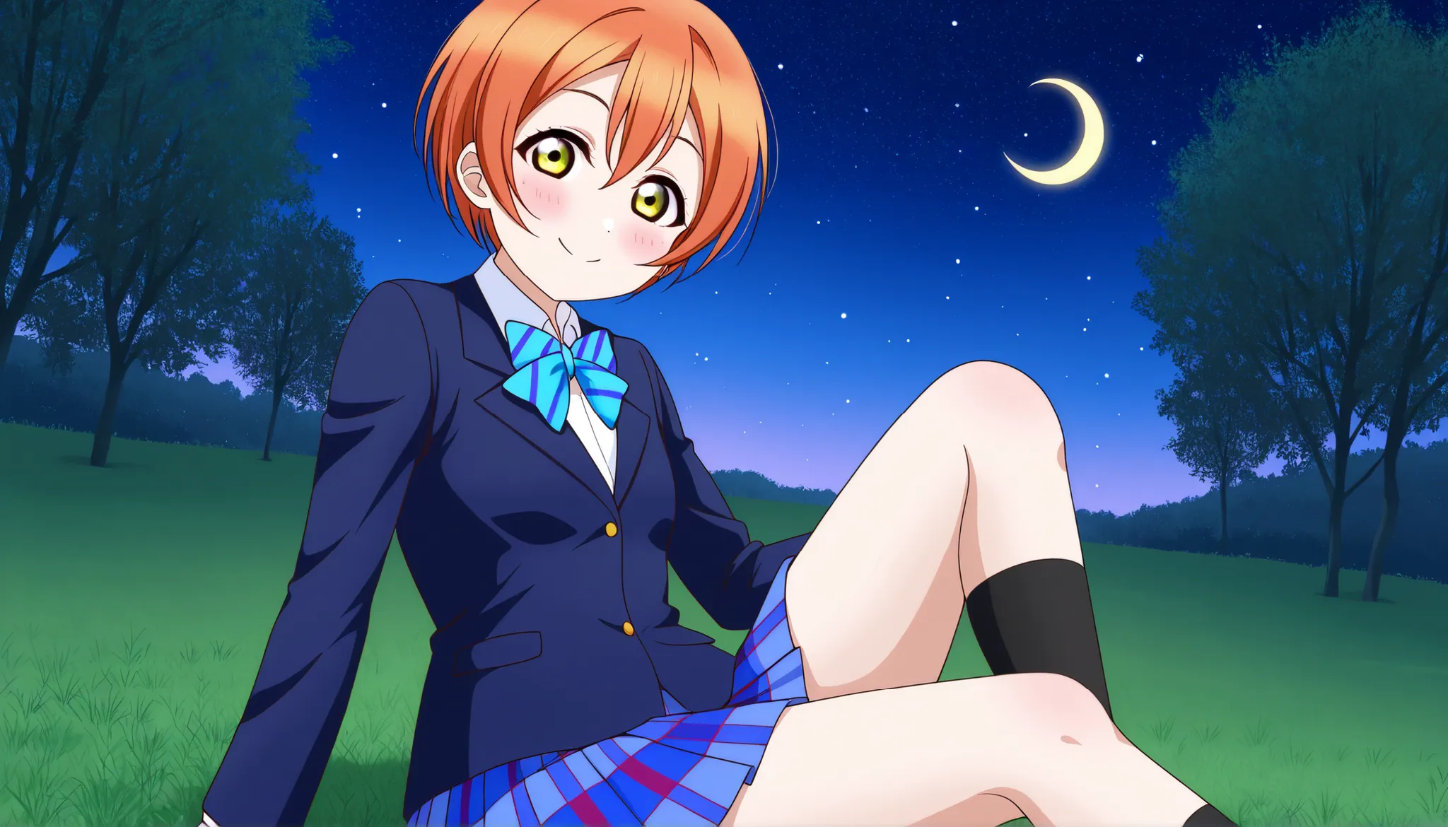 1girl, hoshizora rin, striped, short hair, blush, otonokizaka school uniform, lovelive_rin black blazer, blue plaid skirt, blue stripe bowtie, orange hair, very short hair, hair between eyes, yellow green eyes,knee up,crescent moon, stars (sky),looking at ...
