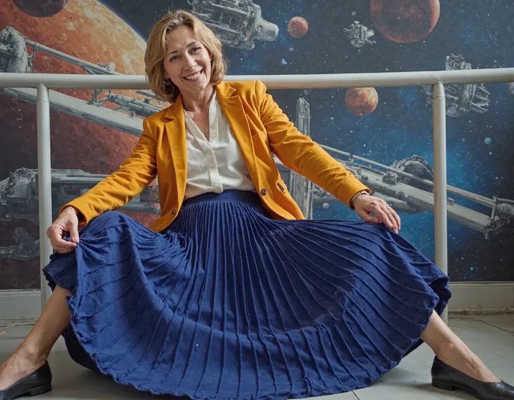  A stunning portrait captures my mother's mature beauty as she sits confidently on top of her desk, daringly spreading her legs amidst a vibrant space station backdrop featuring galaxies and spaceships. Her long pleated skirt flows around her, juxtaposing ...