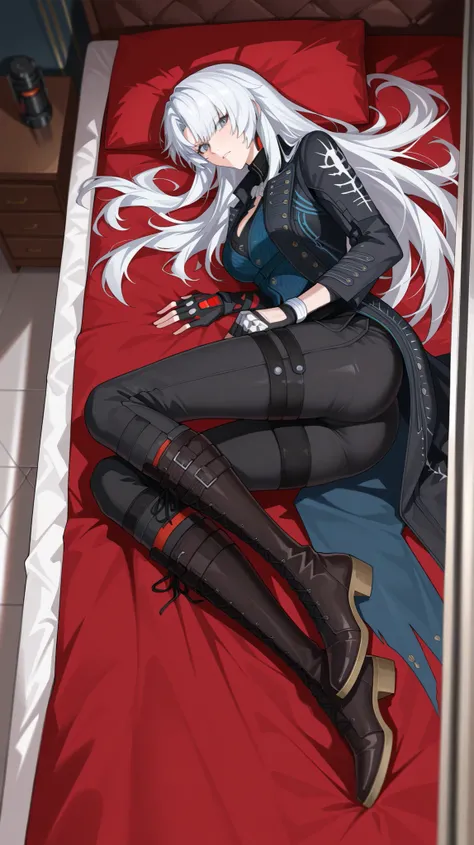 (pretty girl:1.3), 1 girl, (long hair, white hair with a red gradient, bangs, eye hair), lucia (punishing: gray raven), 
( Clothes: vergil Devil may cry 5, black raincoat with pale blue embroidery, yellow lining, tattered edges of the raincoat, black pants...
