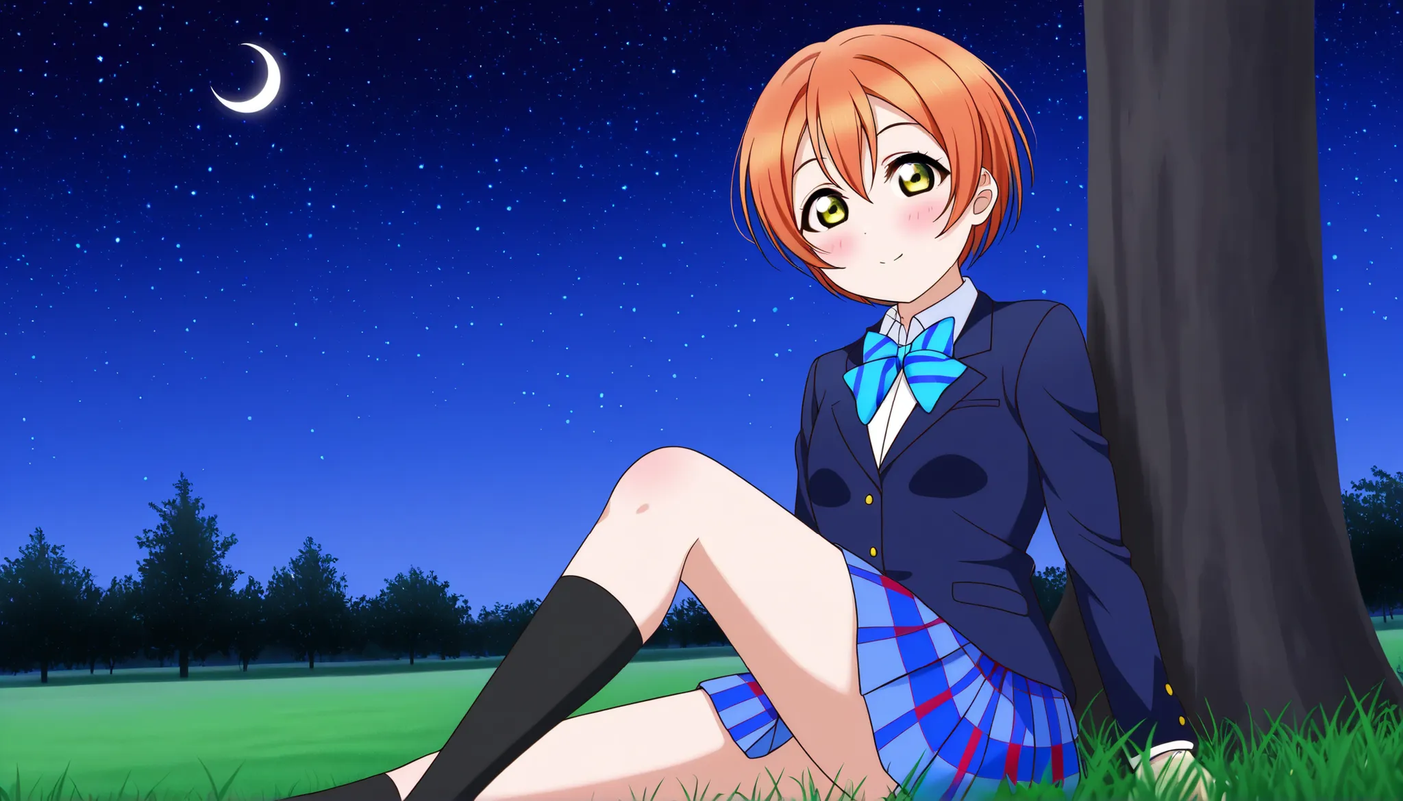 1girl, hoshizora rin, striped, short hair, blush, otonokizaka school uniform, lovelive_rin black blazer, blue plaid skirt, blue stripe bowtie, orange hair, very short hair, hair between eyes, yellow green eyes,knee up,crescent moon, stars (sky),looking at ...