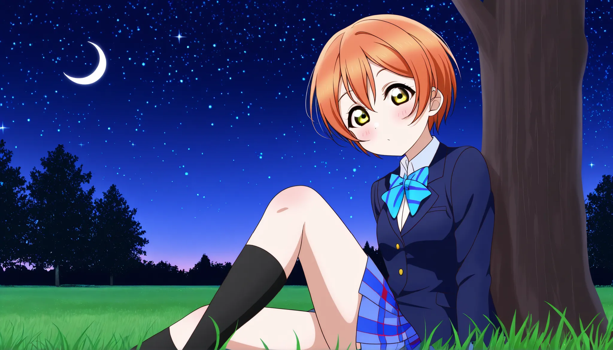 1girl, hoshizora rin, striped, short hair, blush, otonokizaka school uniform, lovelive_rin black blazer, blue plaid skirt, blue stripe bowtie, orange hair, very short hair, hair between eyes, yellow green eyes,knee up,crescent moon, stars (sky),looking at ...