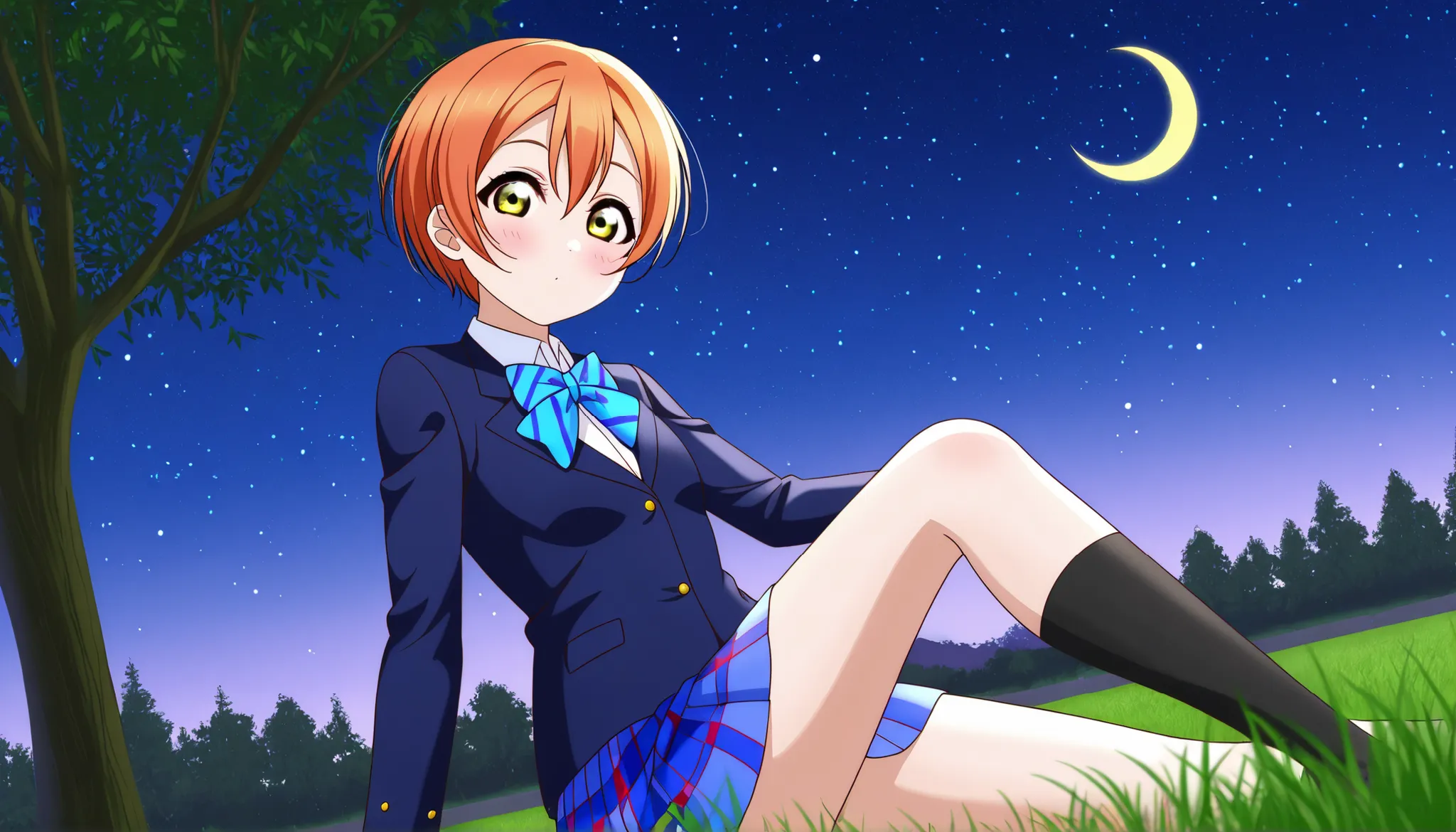 1girl, hoshizora rin, striped, short hair, blush, otonokizaka school uniform, lovelive_rin black blazer, blue plaid skirt, blue stripe bowtie, orange hair, very short hair, hair between eyes, yellow green eyes,knee up,crescent moon, stars (sky),looking at ...