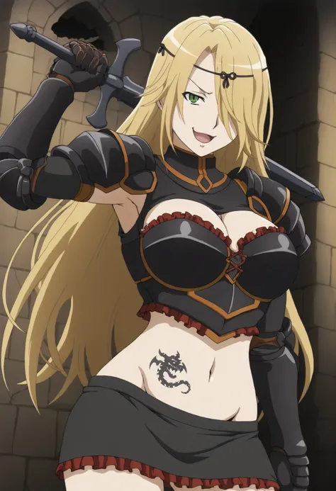 leinas rockbruise, Overlord
High quality ,  best quality , masterpiece,  High Resolution , anatomically correct, anime coloring,
solo, 1 girl, adult, cool woman​,
green eyes,blonde hair,long hair,hair over one eye,,
, circlet, shoulder_armor, black breastp...