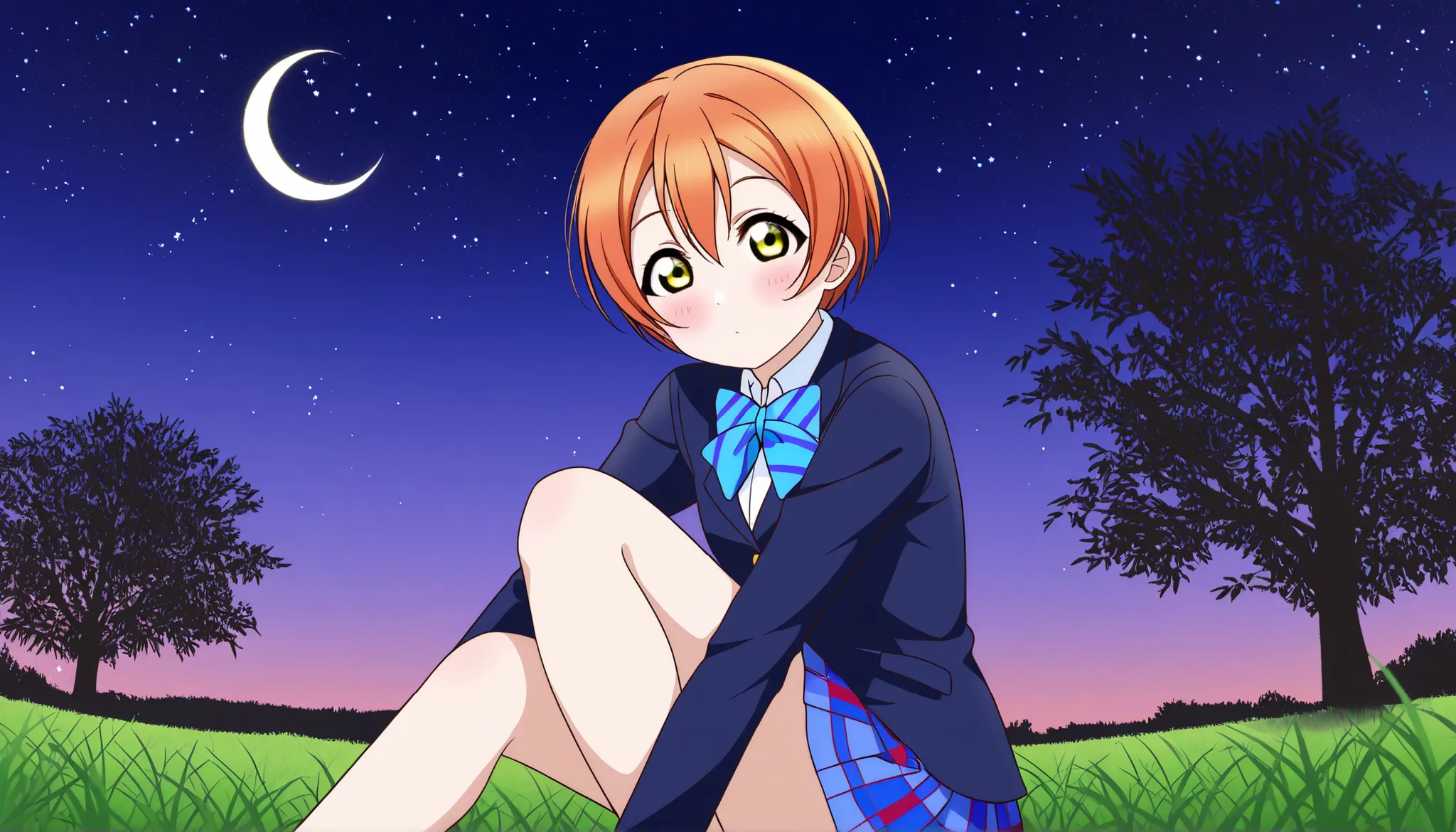 1girl, hoshizora rin, striped, short hair, blush, otonokizaka school uniform, lovelive_rin black blazer, blue plaid skirt, blue stripe bowtie, orange hair, very short hair, hair between eyes, yellow green eyes,knee up,crescent moon, stars (sky),looking at ...