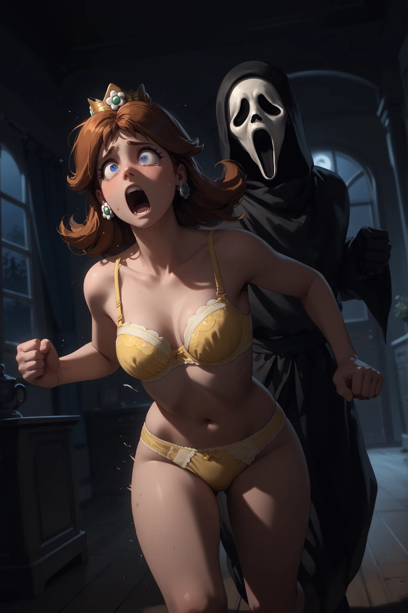 score_9, score_8_up, score_7_up, score_6_up, 1boy, ghostface, knife, background, running behind, running, chasing girl, 1girl, princess daisy, foreground, yellow panties, yellow bra, bouncing breast, running, scared, terrorised, indoors, night, dynamic ang...
