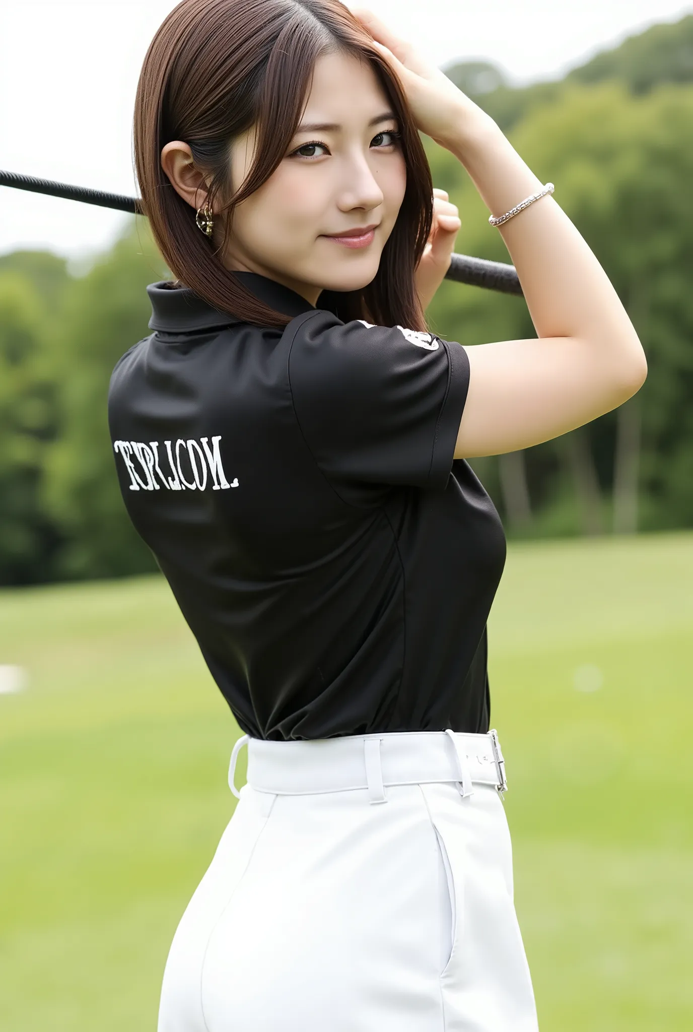 The most beautiful woman who works as a club hostess in Ginza、shiny brown hair、On holidays、On the golf course、and she wears a black polo shirt with a logo and a white miniskirt.。.、posing from behind、beautiful girl leaning forward、I like playing golf、  very...