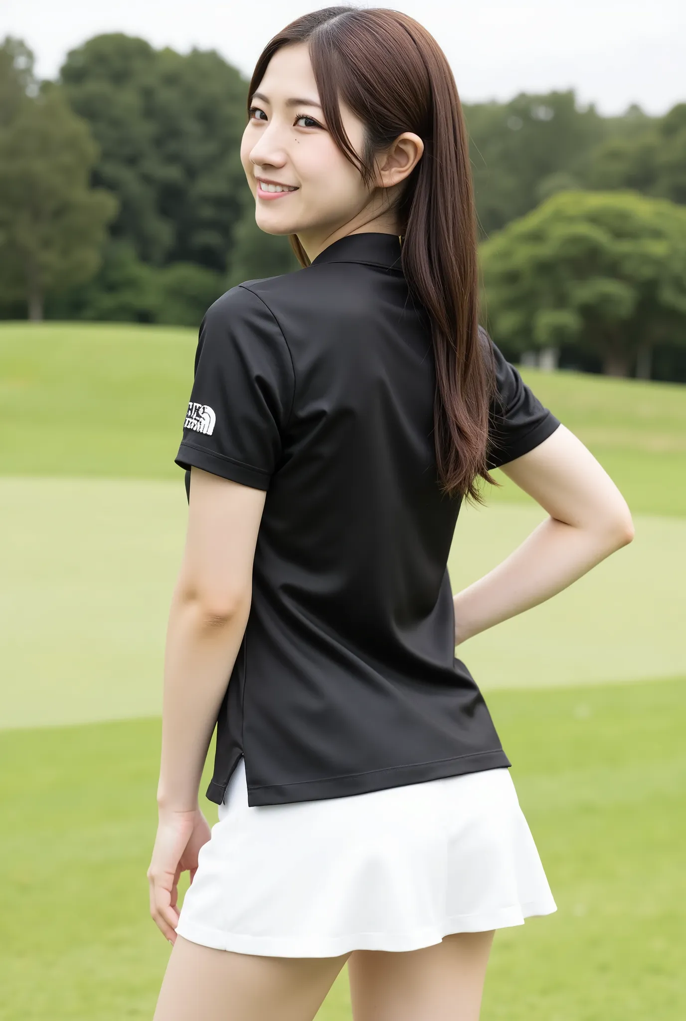 The most beautiful woman who works as a club hostess in Ginza、shiny brown hair、On holidays、On the golf course、and she wears a black polo shirt with a logo and a white miniskirt.。.、posing from behind、beautiful girl leaning forward、I like playing golf、  very...