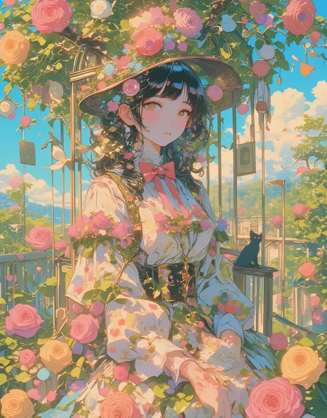 Girl in a Birdcage, A cat named Baron wearing a ribbon and tardress, colorful roses, a rose tree entangled in a birdcage, Fairy Tale Illustrations. wearing a hat and tuxedo.  Pastel Gradation , "Lollipop Syndrome ", captivating artwork,  Impressive Creativ...