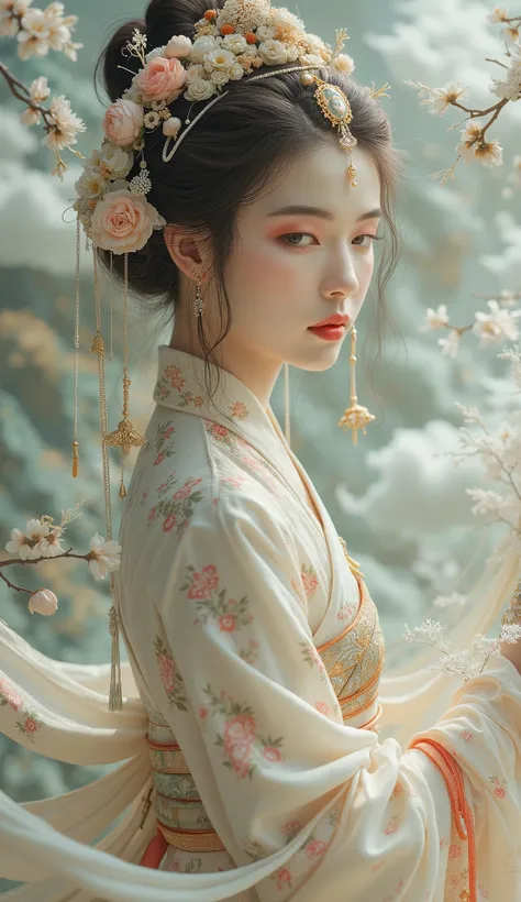 A beautiful oriental goddess、A fusion of ink painting and vivid watercolor、magnificent、Jewelry、masterpiece、