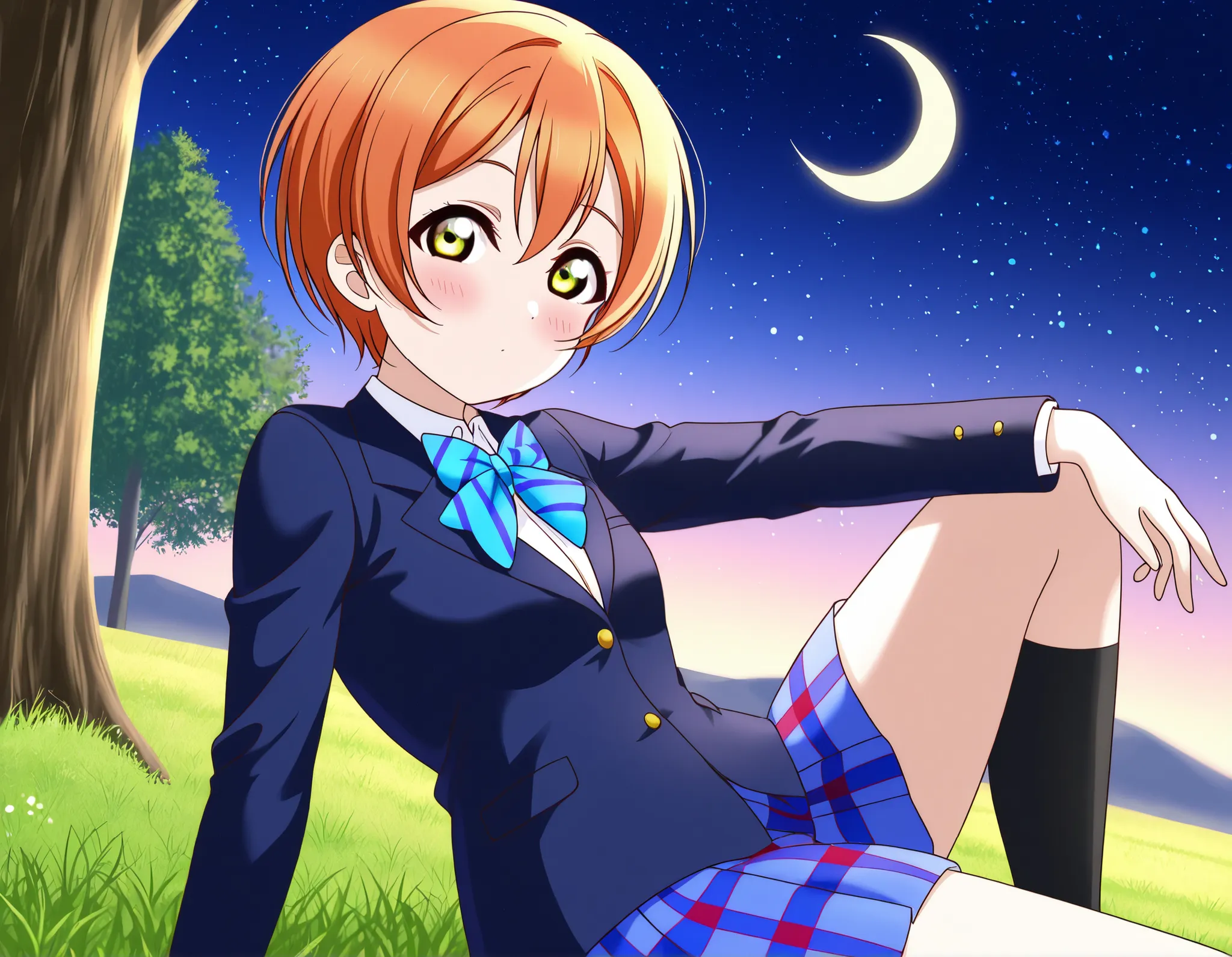 1girl, hoshizora rin, striped, short hair, blush, otonokizaka school uniform, lovelive_rin black blazer, blue plaid skirt, blue stripe bowtie, orange hair, very short hair, hair between eyes, yellow green eyes,knee up,crescent moon, stars (sky),looking at ...