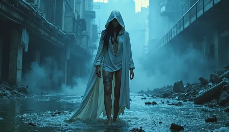 Close sexy woman tattoo with white cloak and white hoodie walking on stage water inside an empty meter with no one modern destroyed by the messy water flooded by a lot of floodwater everything under water clothes in the water above floodwaters and floods o...