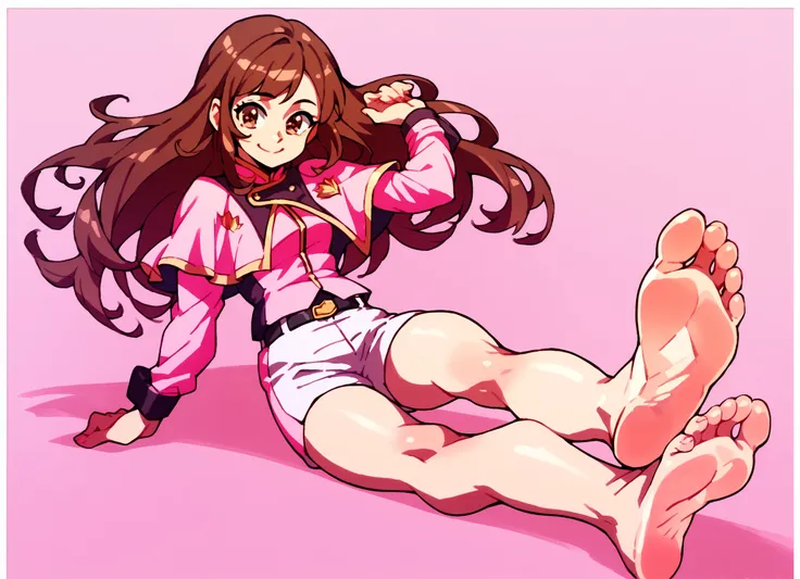 1girl, solo, brown hair, long hair, smile, shorts, uniform, capelet, brown eyes, black belt, pink capelet, pink jacket, white shorts, long sleeves, feet, soles, barefoot