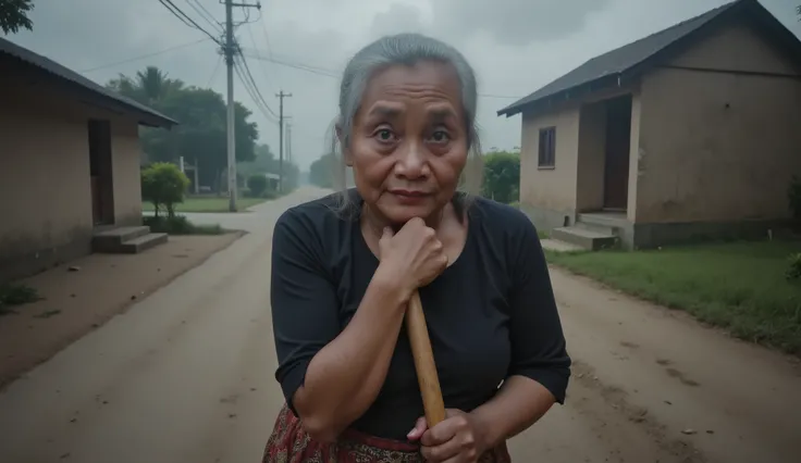 An old Indonesian grandmother wearing a traditional kebaya blouse and batik skirt. She is hunched over with white hair tied back, holding a wooden cane. Her face shows a creepy, sinister smile directed at the viewer. The background is an empty village with...