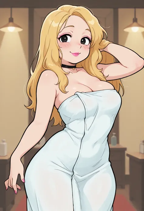 Francine Smith, looking at viewer, pink lipstick, choker, Blonde hair, medium breasts, huge hips. long hair. black eyes. | masterpiece, best quality, amazing quality, absurdres, cowboy_shot, towel covers breasts, wearing towel, white towel, towel, (((danci...