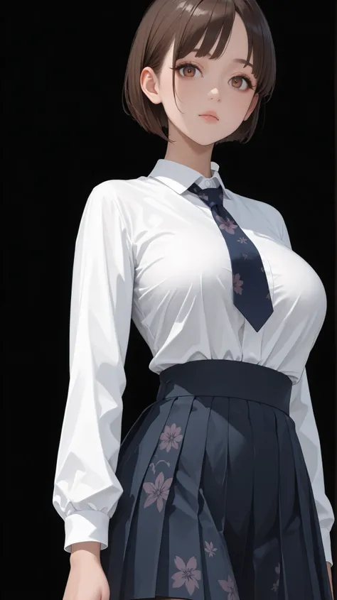 masterpiece, top quality, womanhood、 solo, 1girl, age, Brown Eyes, hanging eye, SHORT BOB, 黒髪のwomanhood, Big breasts, white shirt, floral high waisted skirt, School Uniform、No expression、cute、Poses with movement、big Japanese sword、pantyhose、Tall、Detailed S...