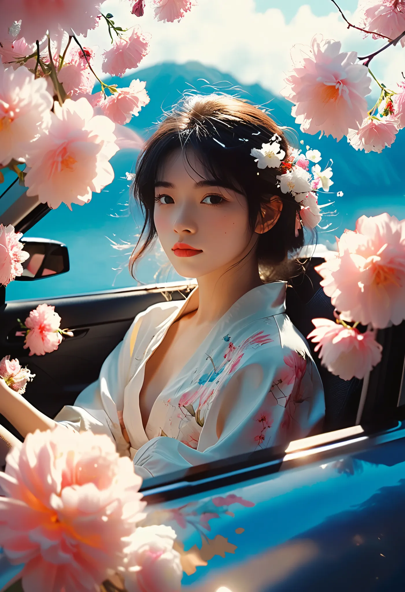 breathtaking éthéré fantasy concept art of cinematic film still,Fille chinoise,une fille aux cheveux blancs assise dans une voiture remplie de fleurs,Œuvre d'art de Rinko Kawauchi,Dans une pose naturaliste,Vacances Papa Core,Jeune et énergique,Expression t...