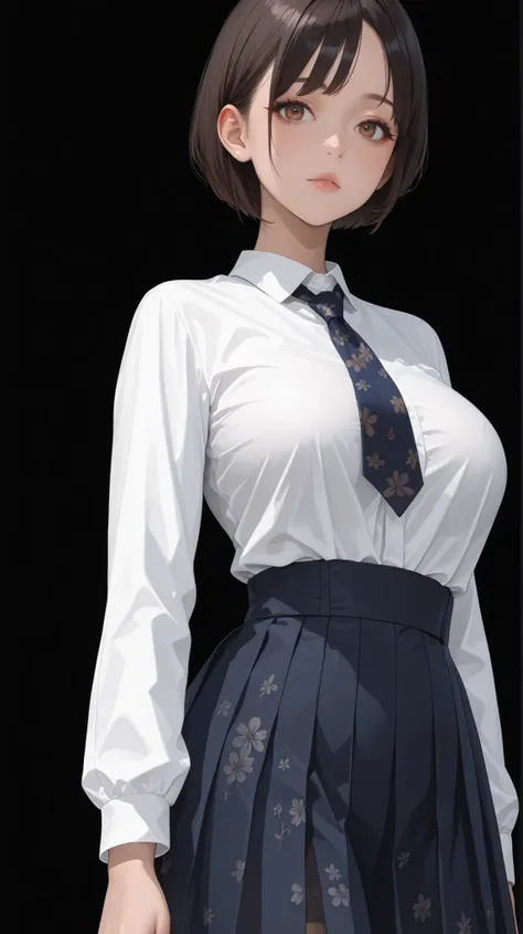 masterpiece, top quality, womanhood、 solo, 1girl, age, Brown Eyes, hanging eye, SHORT BOB, dark hairedのwomanhood, Big breasts, white shirt, floral high waisted skirt, School Uniform、No expression、cute、Poses with movement、big Japanese sword、pantyhose、Tall、D...