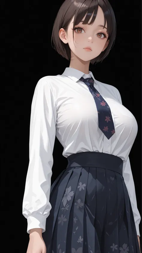 masterpiece, top quality, womanhood、 solo, 1girl, age, Brown Eyes, hanging eye, SHORT BOB, dark hairedのwomanhood, Big breasts, white shirt, floral high waisted skirt, School Uniform、No expression、cute、Poses with movement、big Japanese sword、pantyhose、Tall、D...