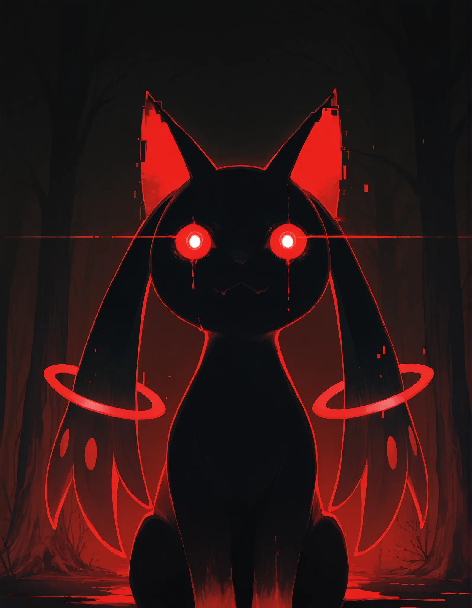 solo feral kyubey, glitch creature, shadow creature, glowing eyes, half-length portrait, sitting, front view, BREAK, masterpiece, best quality, glitch, detailed background, ambient silhouette, depth of field, horror \(theme\), dark place, [:tree:0.15], red...