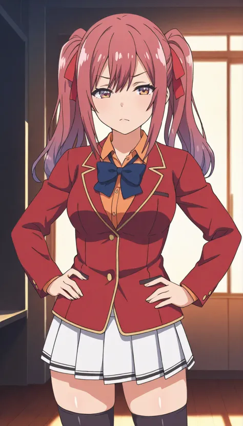 amasawa ichika , ribbon , twintails , long hair , hair ribbon , yellow eyes , purple hair , red hair , school uniform , white skirt , pleated skirt , blazer , red jacket , orange shirt , black legwear , thighhighs , blue bowtie , anime screencap , shiny sk...