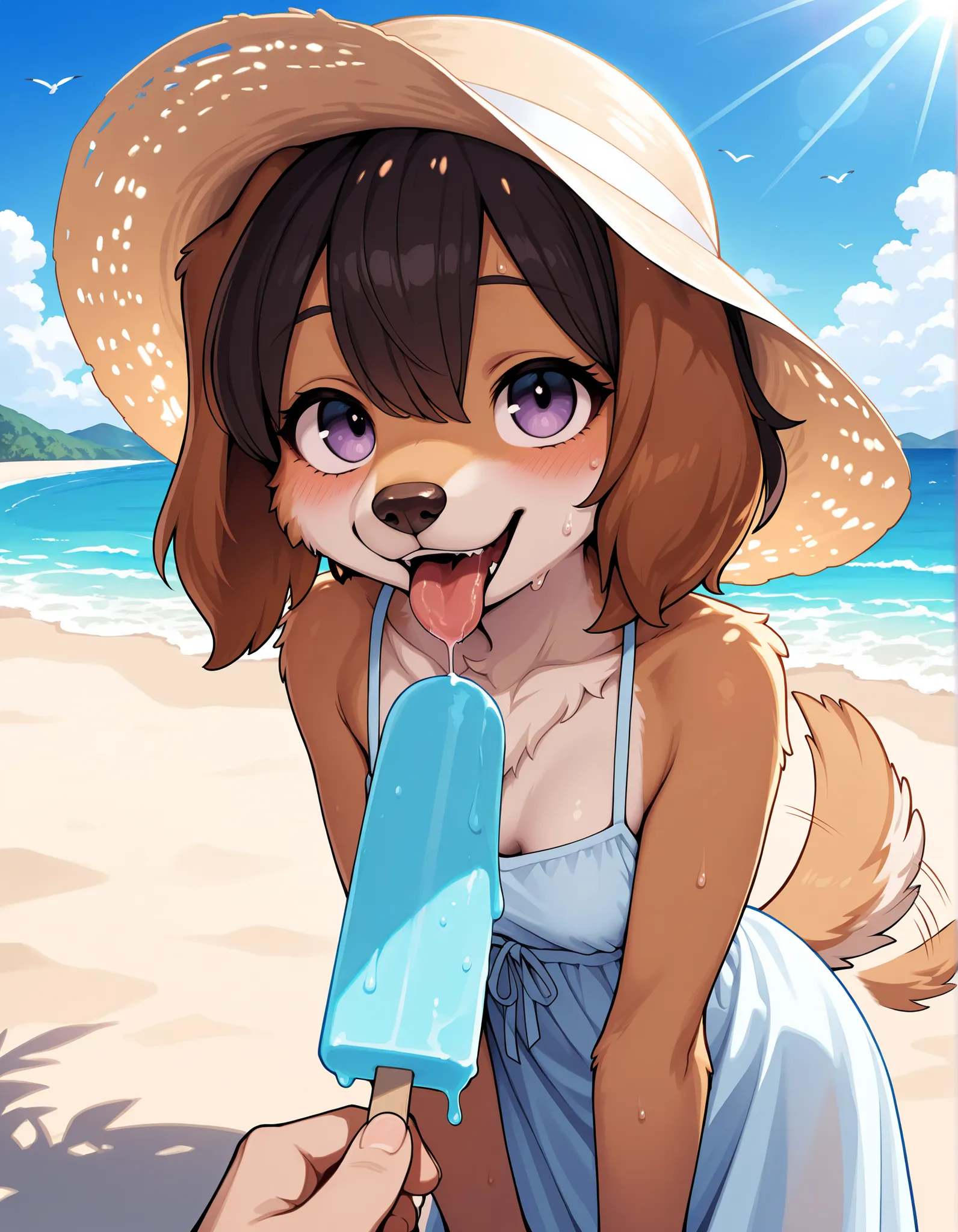 masterpiece,best quality,amazing quality,very aesthetic,high resolution,ultra-detailed,absurdres,newest,detailed fur,
1girl,furry,bird dog,canid,canine,canis,domestic dog,hunting dog,upper body,small breasts,short hair,sundress,summer,sweat,sweatdrop,sunli...