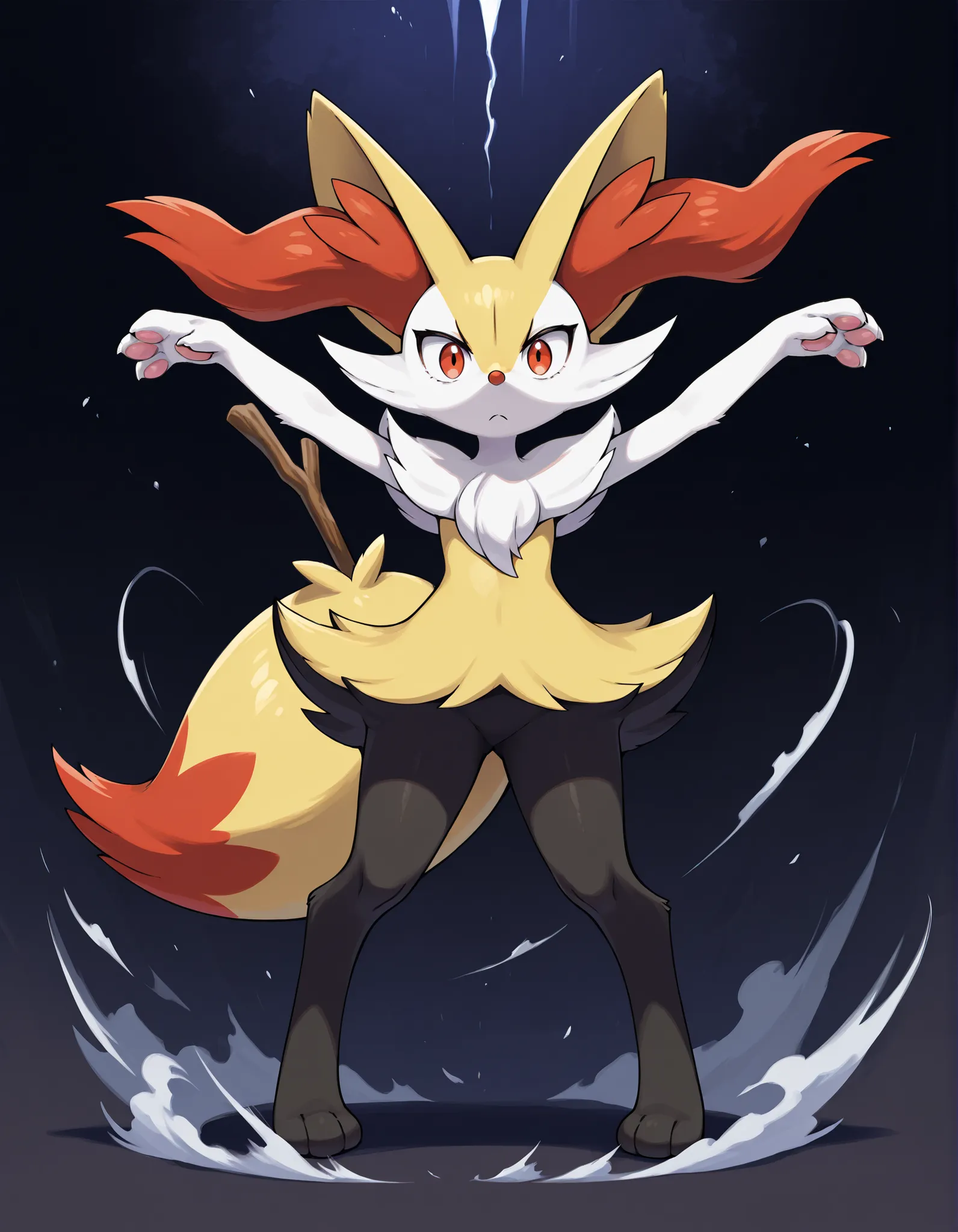 braixen_illust ,pokemon- (Creature), Death_pose, front view, arms up, hands fully open, legs spread, showing paws, looking at viewer, in the air, falling down, solo, surprised