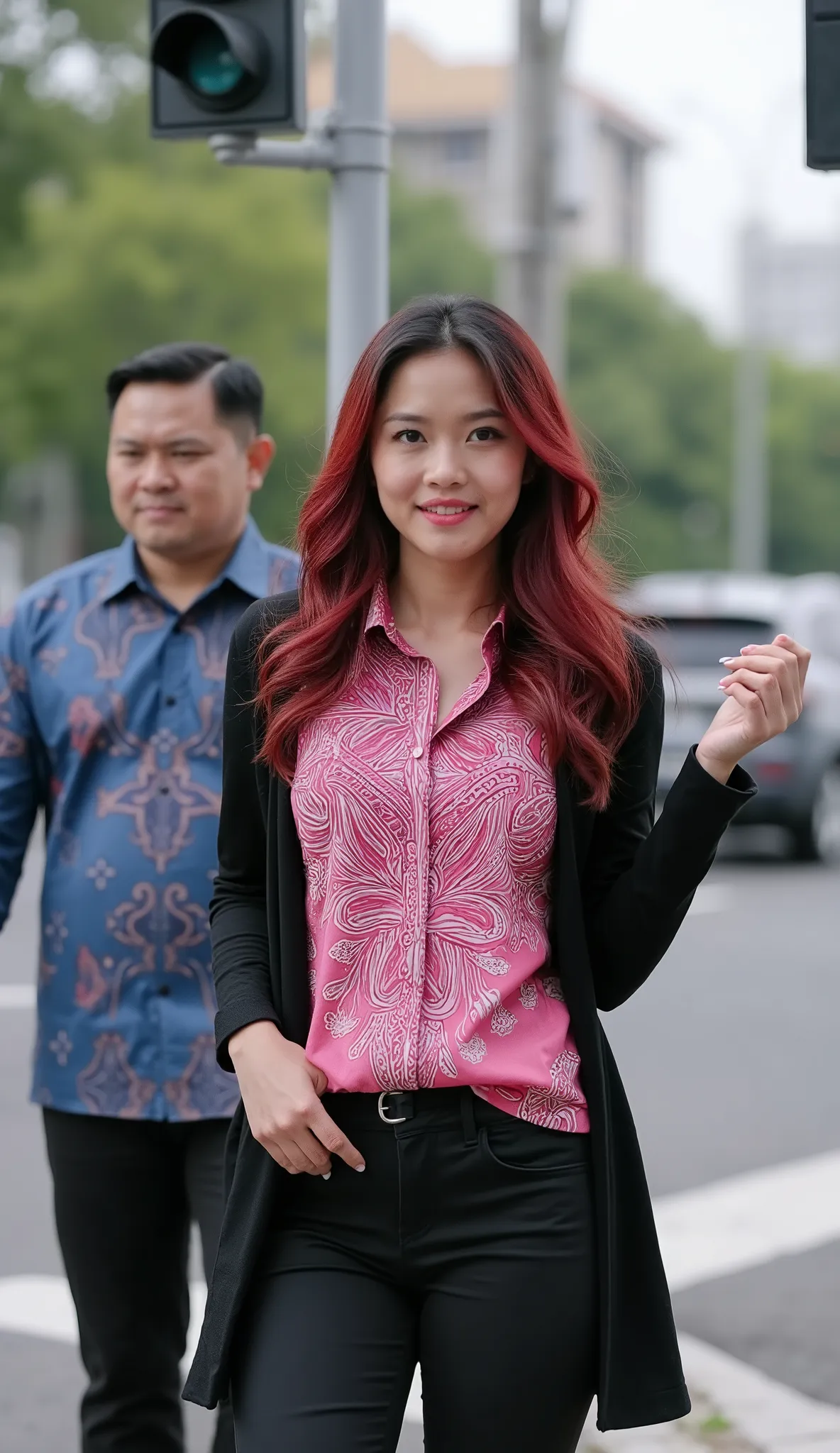 I photographed an Indonesian woman, dark red wavy hair, big breasts, wearing a black cardigan, pink batik shirt and black skinny jeans posses at a traffic light, near her a man wearing a blue batik shirt, black cotton pants, one hand of the man holding a r...