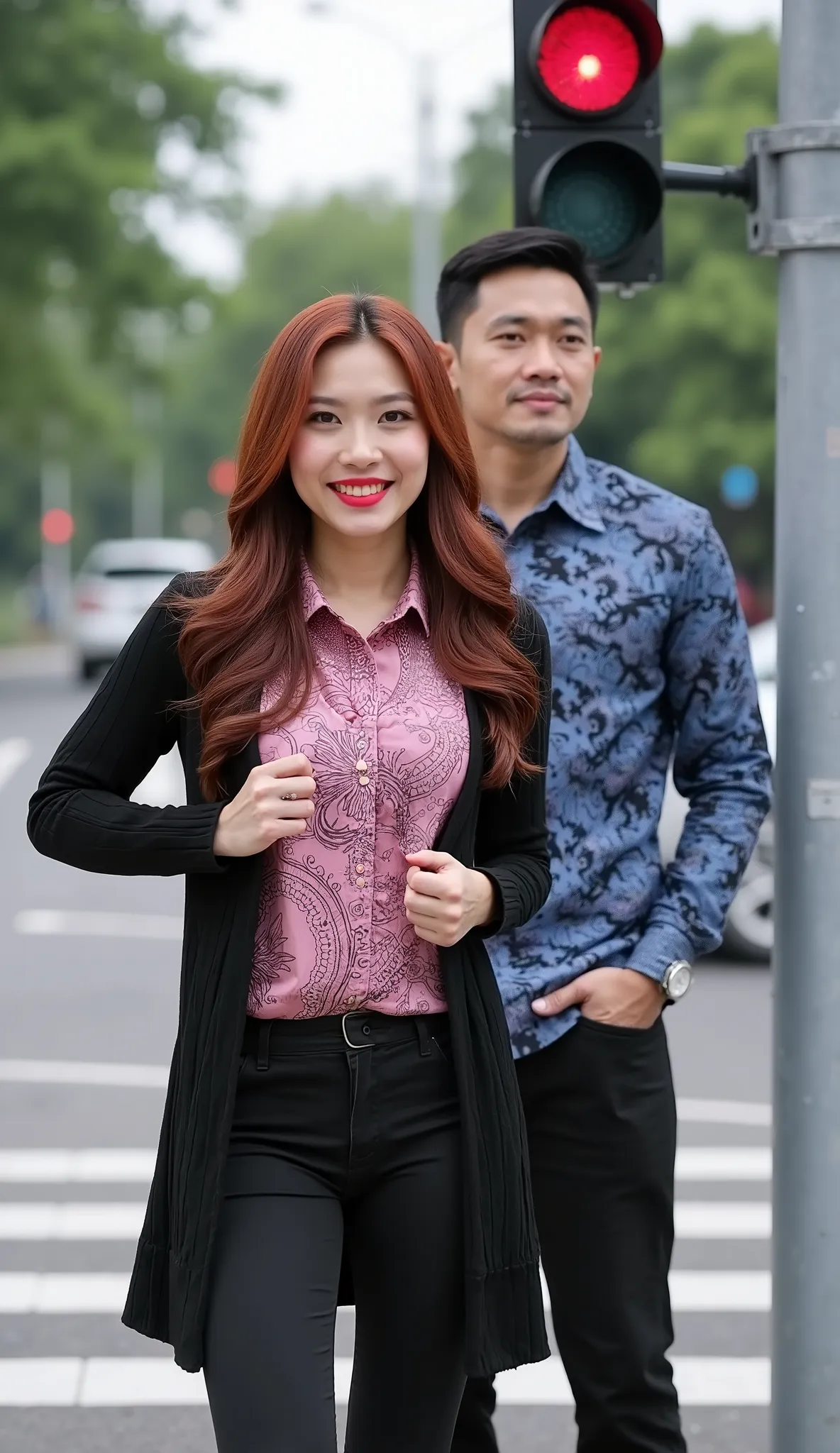 I photographed an Indonesian woman, dark red wavy hair, big breasts, wearing a black cardigan, pink batik shirt and black skinny jeans posses at a traffic light, near her a man wearing a blue batik shirt, black cotton pants, one hand of the man holding a r...