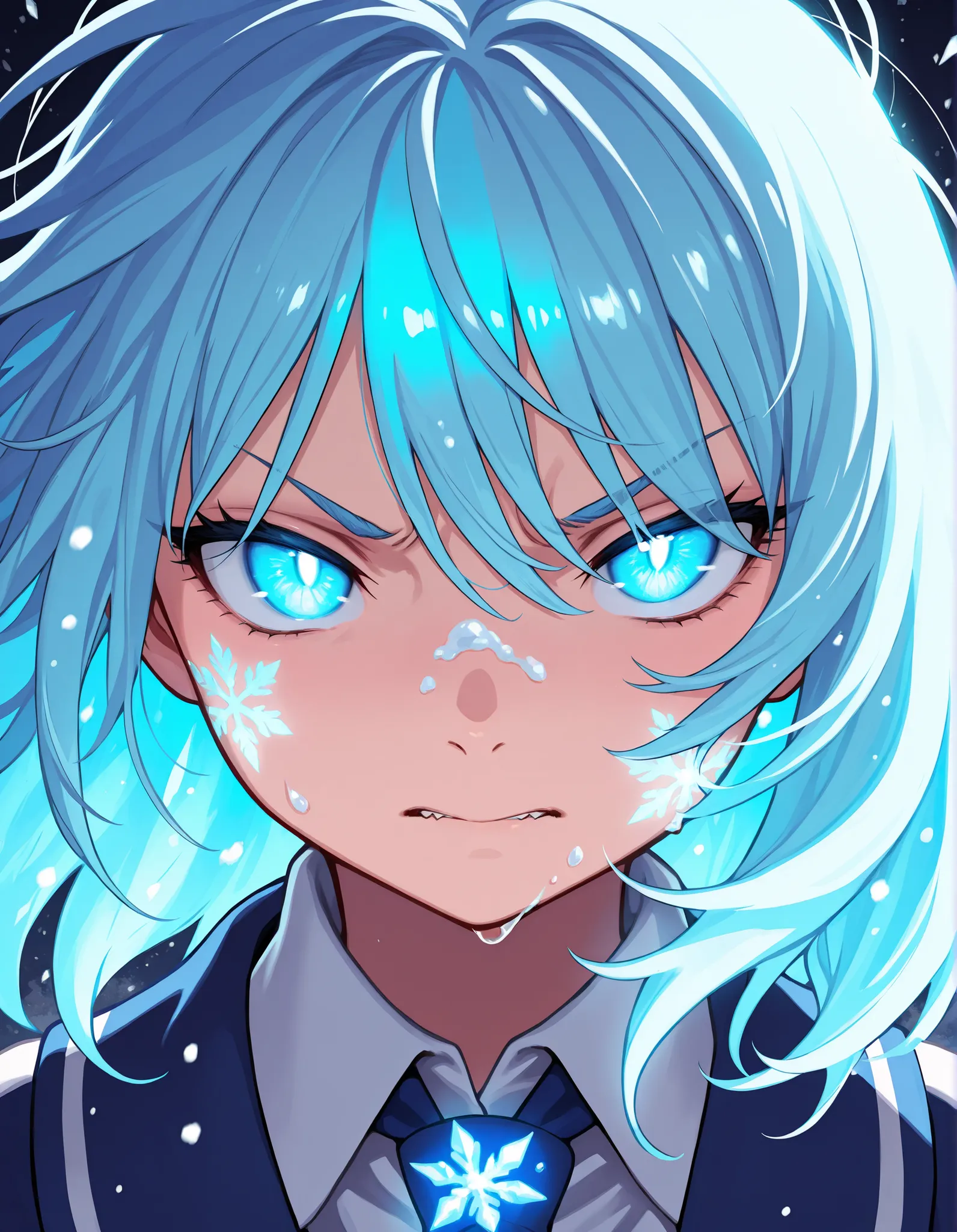 1girl, close-up, upper body, silent angry expression, cold breath visible in the air, one eye (glowing sharp icy blue), half of skin (frozen), frost on face, ice crystals on cheek, intense gaze, slightly furrowed brows, long glowing magical blue hair, medi...