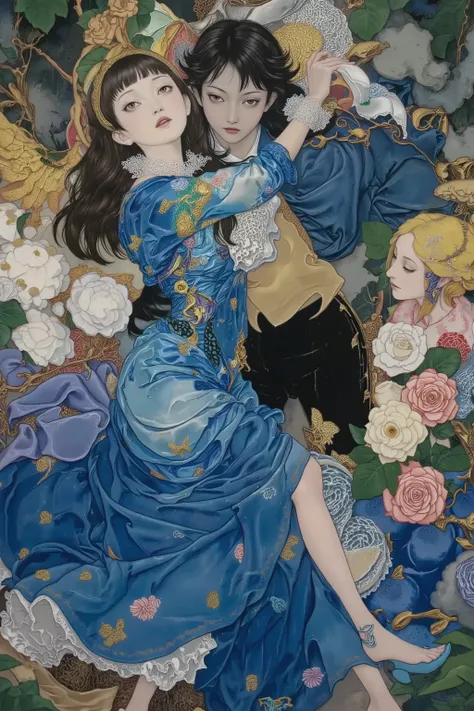 ((theme beauty and the beast from disney)),dancing,Ballroom,fairy-tale atmosphere,colorful,vivid color,semi realistic image,detailed,Michelangelo Buonarroti style,Gustav Klimt style,ito jakuchu,nihonga,Scary Ukiyo-e,