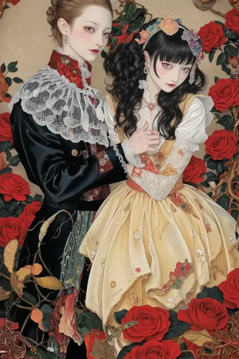 Beauty and the Beast from disney,dancing,Ballroom,fairy-tale atmosphere,colorful,vivid color,semi realistic image,detailed,Michelangelo Buonarroti style,Gustav Klimt style,ito jakuchu,nihonga,Scary Ukiyo-e,
