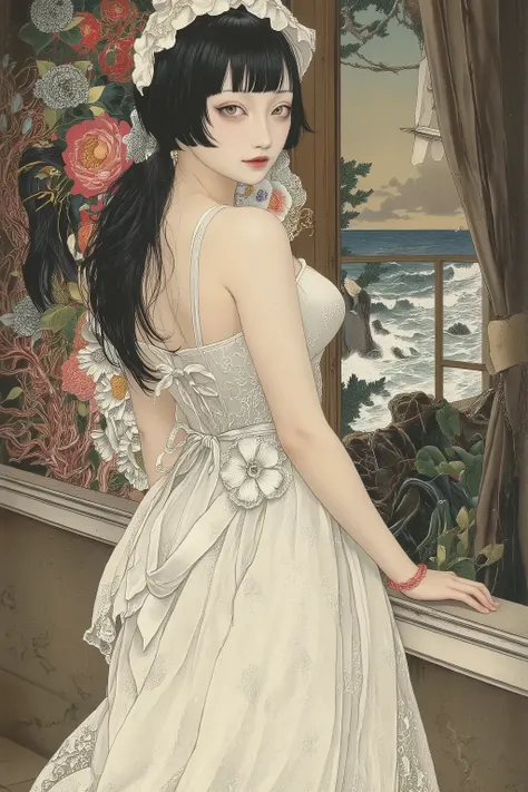 1 girl,side face,wearing white dress,window,landscape,sea,fairy-tale atmosphere,colorful,vivid color,semi realistic image,detailed,Michelangelo Buonarroti style,Gustav Klimt style,ito jakuchu,nihonga,Scary Ukiyo-e,