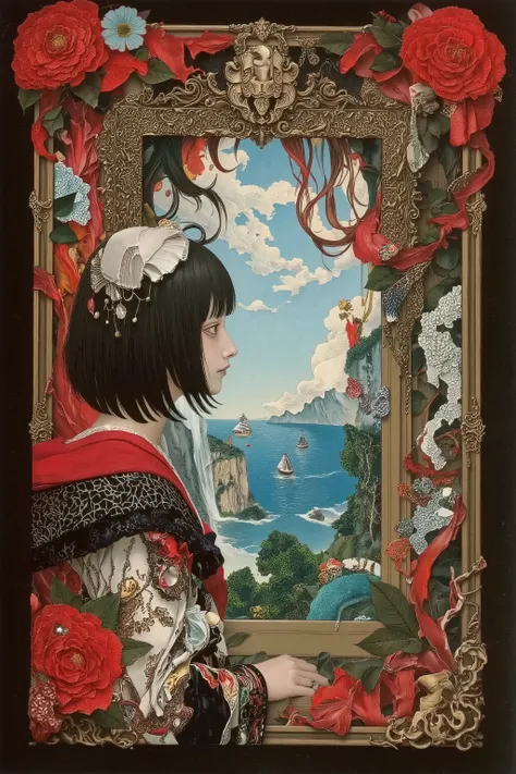 1 girl,window,landscape,sea,colorful,vivid color,detailed,ito jakuchu,nihonga,Scary Ukiyo-e