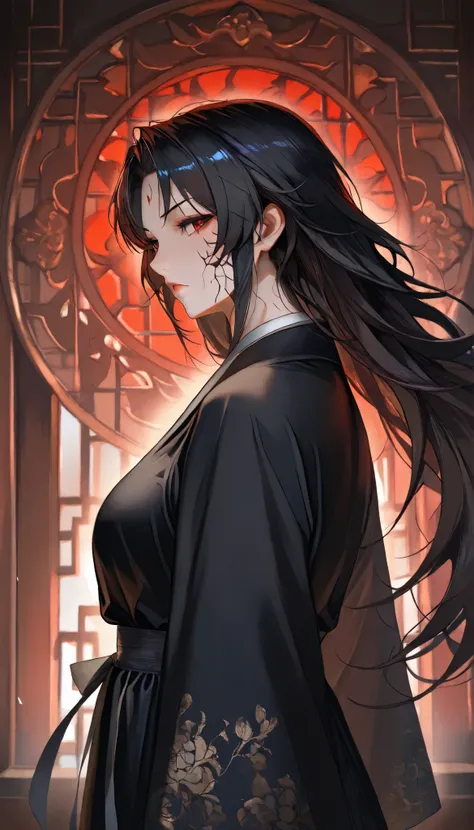 SOLO, A Female,Mature flavor,Serious,expressionless,Perfect body,Chinese Black long hair, Wearing A Black Chinese Robe(Hanfu type), In the Chinese classical Garden,Open Pose,expressionless,UHD, anatomically correct, masterpiece, textured skin, high details...