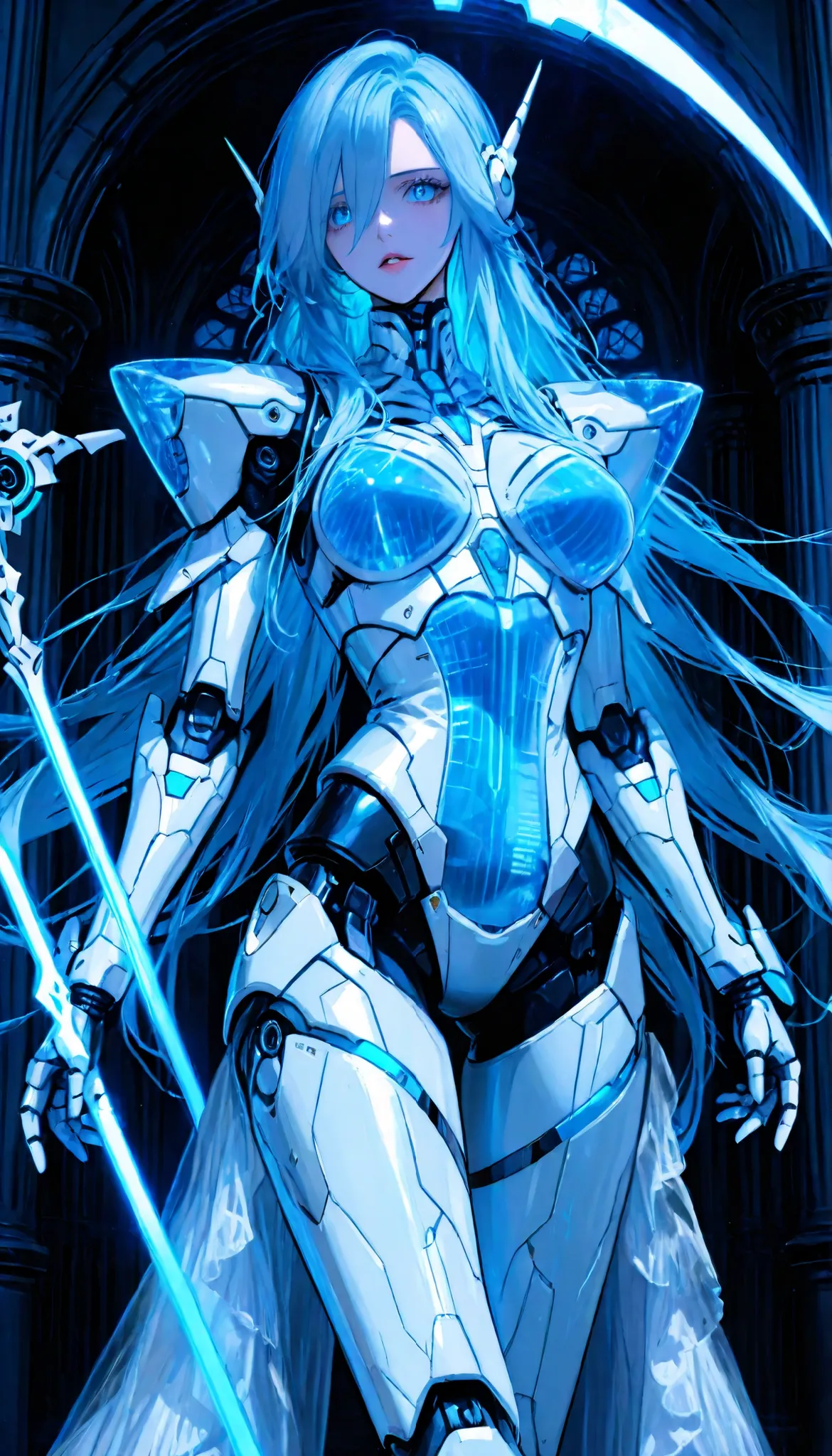 Create a futuristic setting with a female humanoid robot with a blue hologram design. The robot has long, flowing hair that glows blue, giving off an aura of advanced technology. She holds a large scythe with a long handle, a gray scythe that glows blue. T...