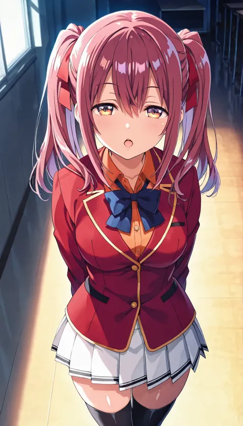 amasawa ichika , ribbon , twintails , long hair , hair ribbon , yellow eyes , purple hair , red hair , school uniform , white skirt , pleated skirt , blazer , red jacket , orange shirt , black legwear , thighhighs , blue bowtie , anime screencap , shiny sk...