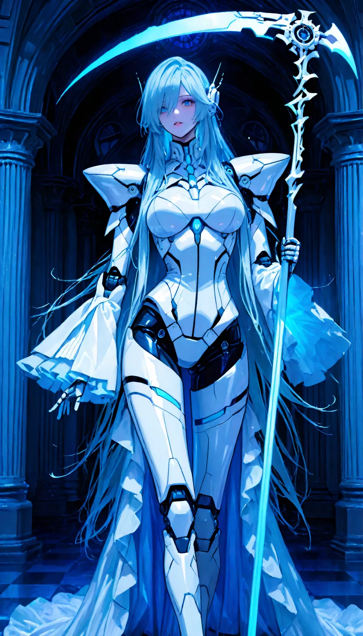 Create a futuristic setting with a female humanoid robot with a blue hologram design. The robot has long, flowing hair that glows blue, giving off an aura of advanced technology. She holds a large scythe with a long handle, a gray scythe that glows blue. T...