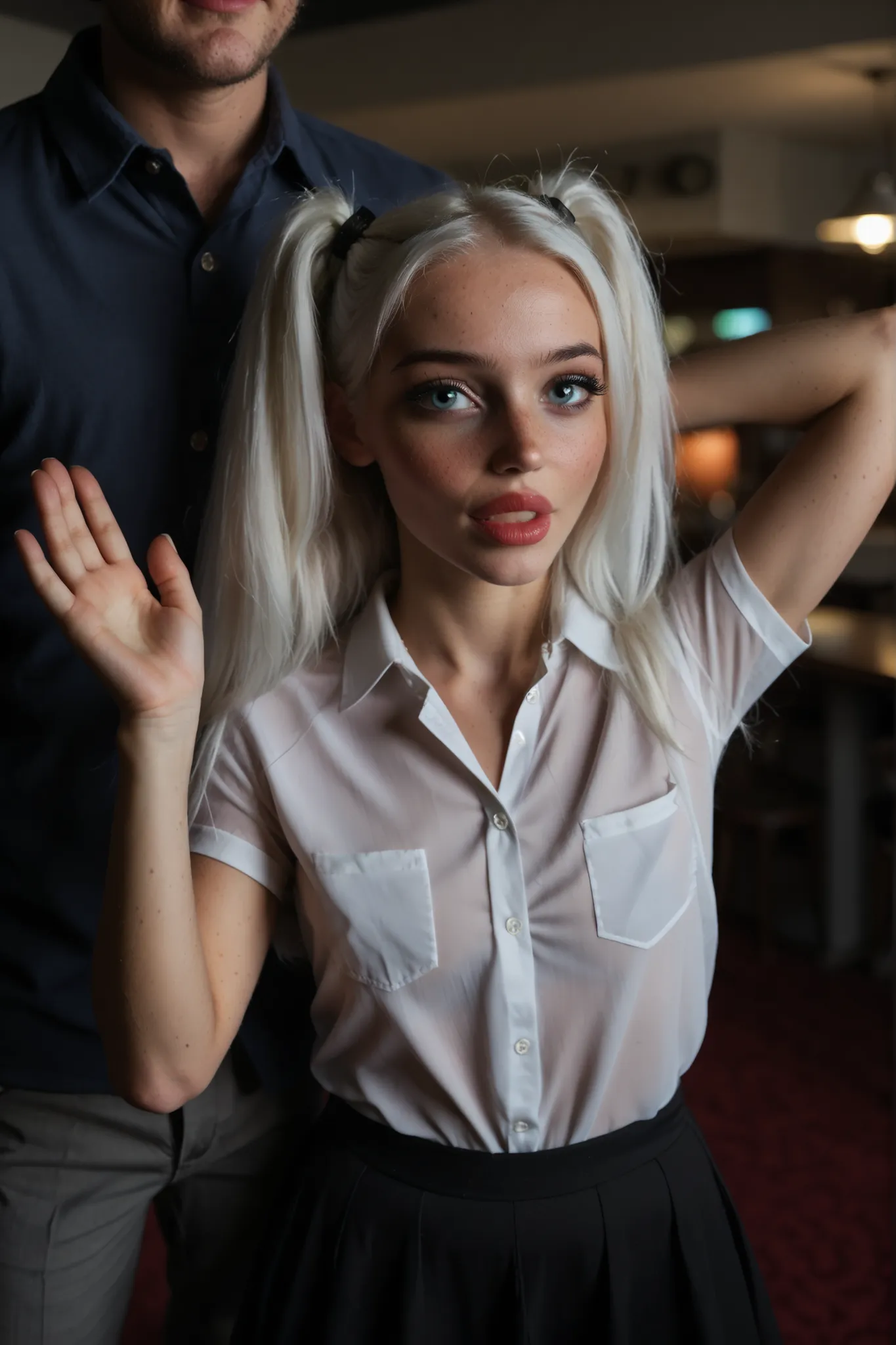 1girl, 1 boy, hetero, duo focus, faceless male, ((candid photo)) of A ((25-year-old petite Caucasian witch with white hair and big full lips:1.3)), twintails hair, a short petite figure with  small perky breasts and cute butt, realistically textured natura...