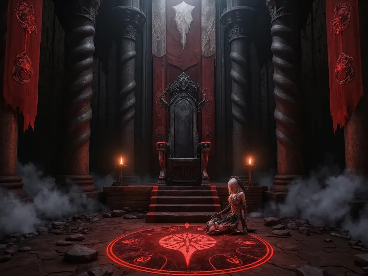 A dark fantasy world setting, depicting the final level of an ancient, otherworldly tower — the ultimate boss room. The vast chamber is cathedral-like and cavernous, dimly lit by flickering arcane torches mounted on obsidian-black walls etched with glowing...