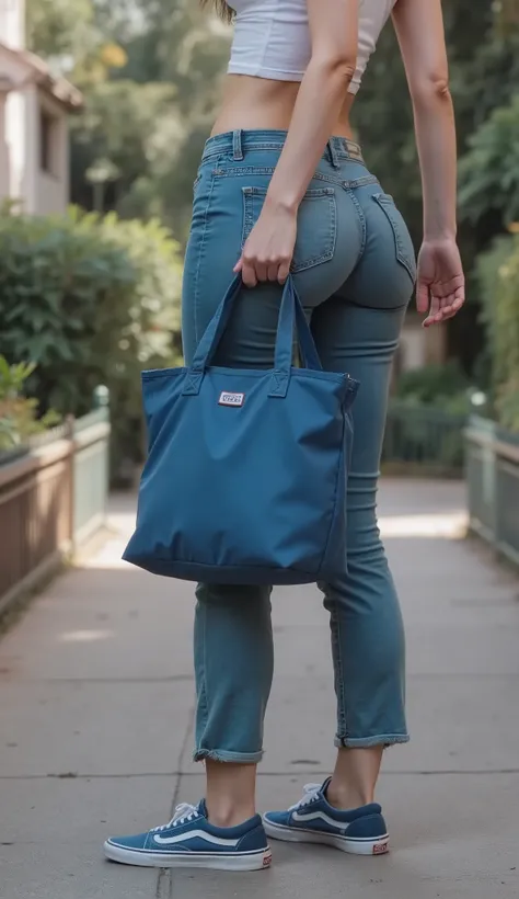 ((Close-up)) Of a thin woman standing (((in a back diagonal position))), wearing Cargo Pants and (((Vans® blue sneakers))), holding a basic blue cooler bag, simple straight bag, thermal bag with tote bag sizeu,u sacola simples, Ecological sabota, nylon the...