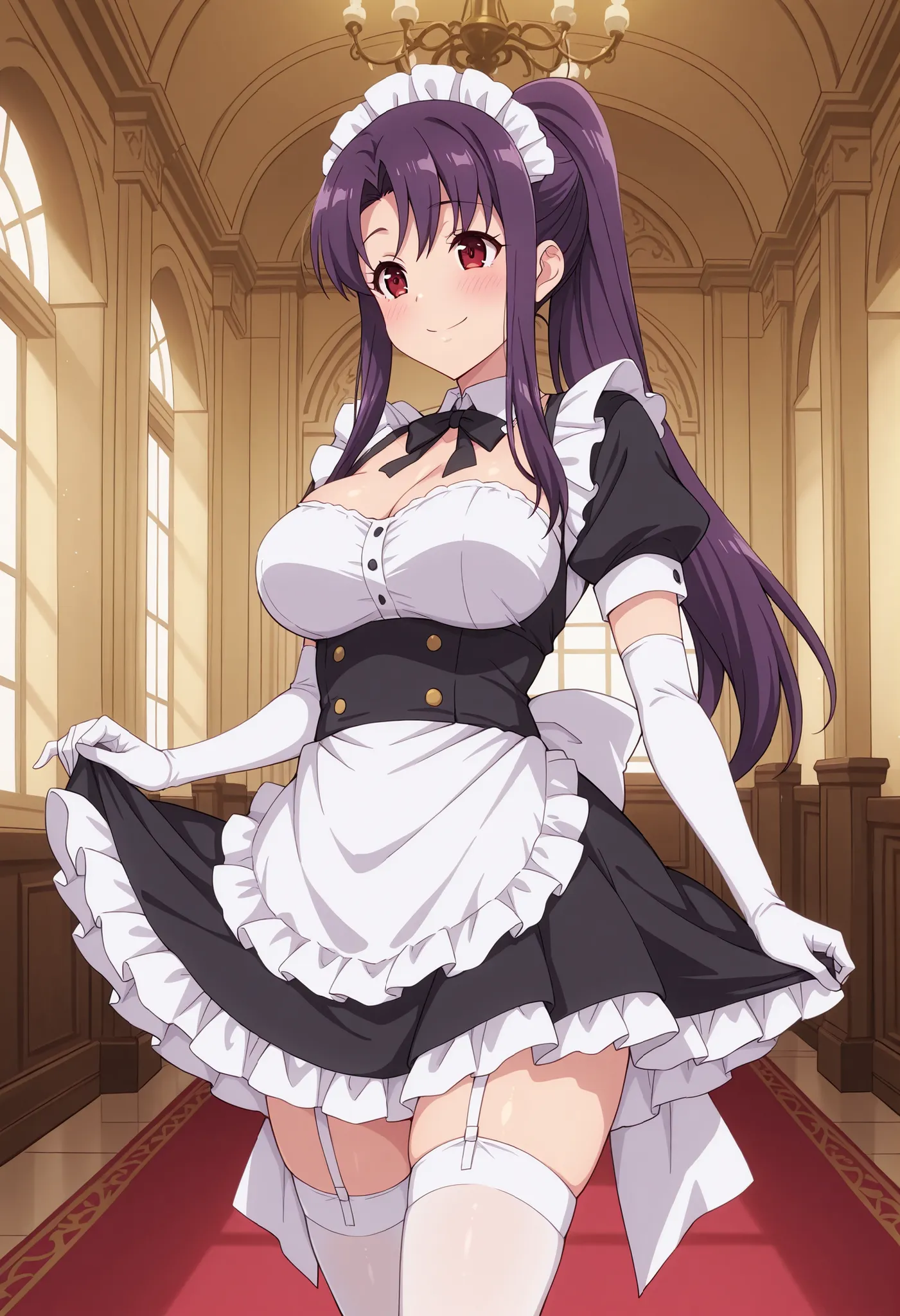 Score_9, score_8_up, score_7_up, source_anime, kitamura_cnr, solo, purple hair, ponytail, sidelocks, red eyes, large breasts, (best quality), (high quality), {masterpiece}, extremely delicate and beautiful, ultra-detailed, beautiful detailed eyes, maid, bl...